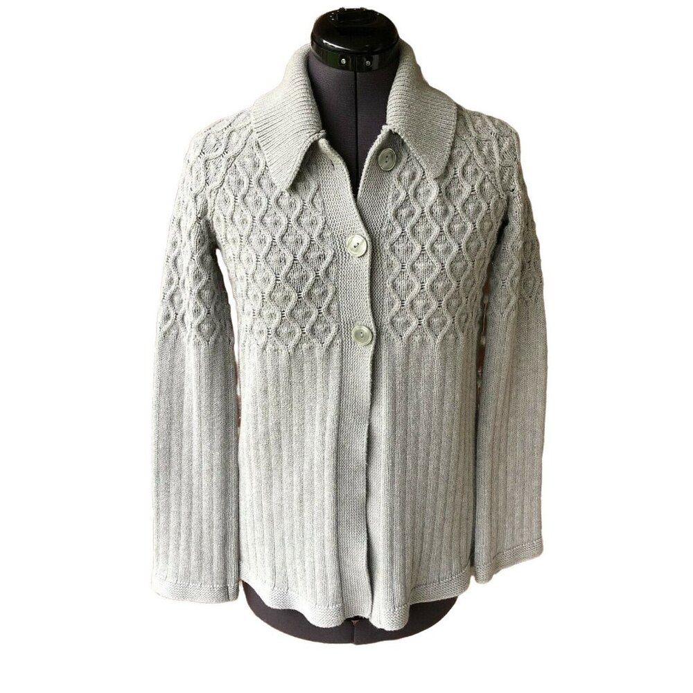Calvin Klein Sweater Cardigan Cable-Knit Gray Sz. S Cotton Collared